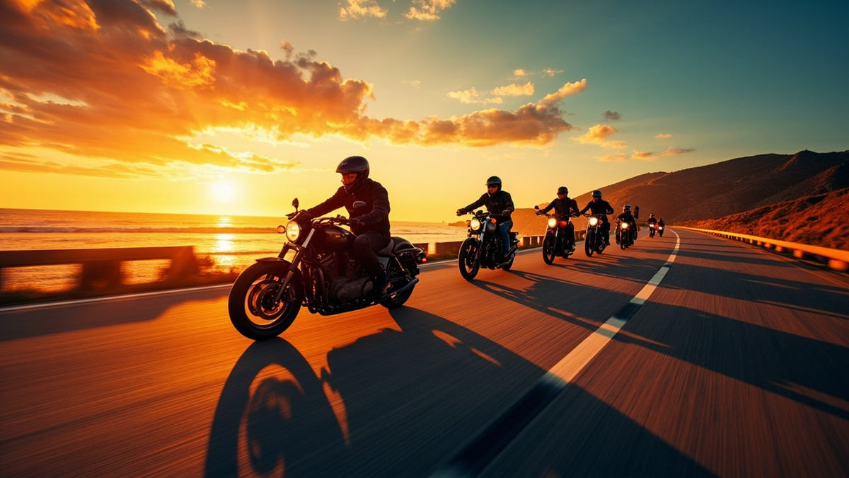 motorcycles riding together along a sunlit california coast highway at sunset