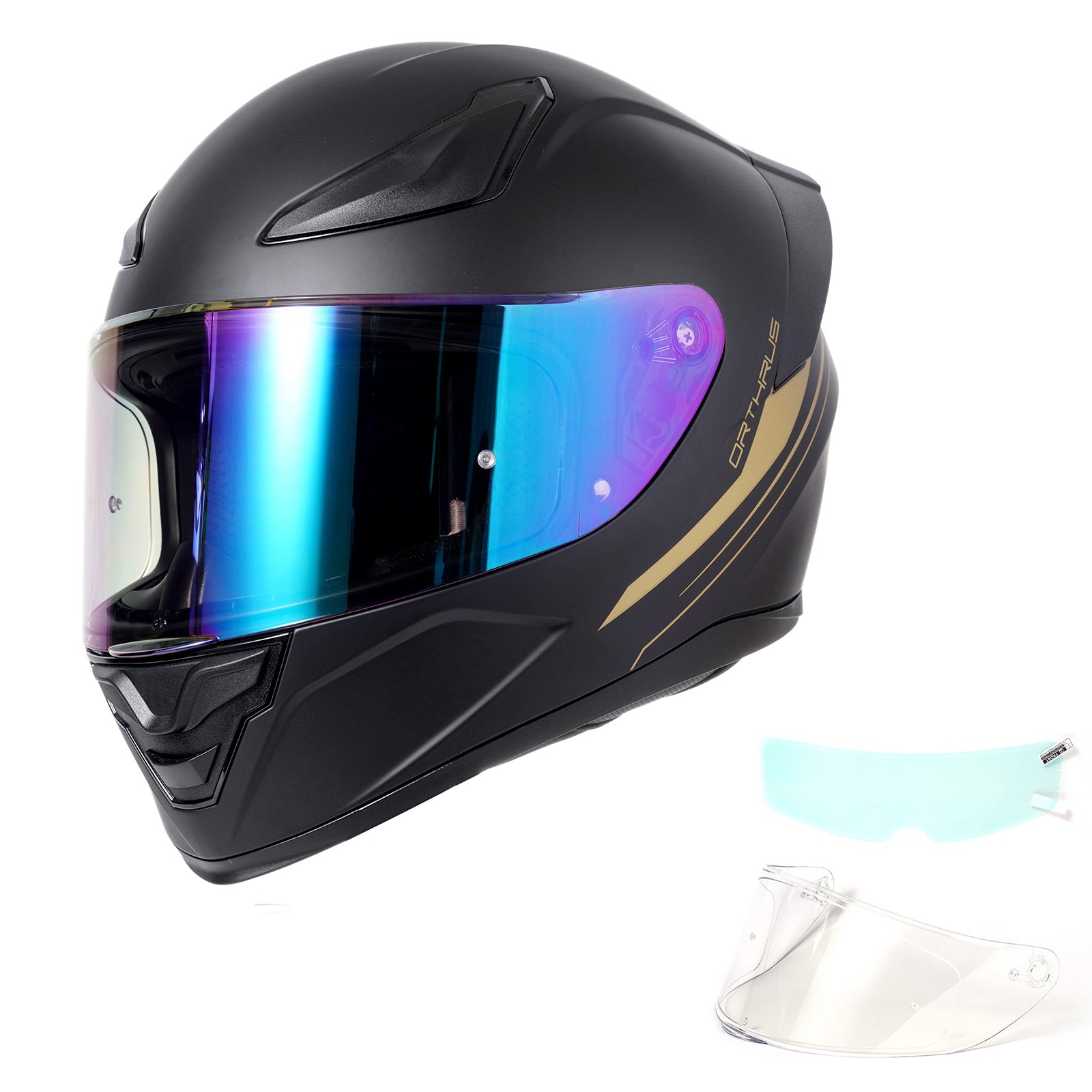 OTS Foxhound Matte Black Gold Full Face Motorcycle Helmet - ECE DOT Approved & Anti-Fog