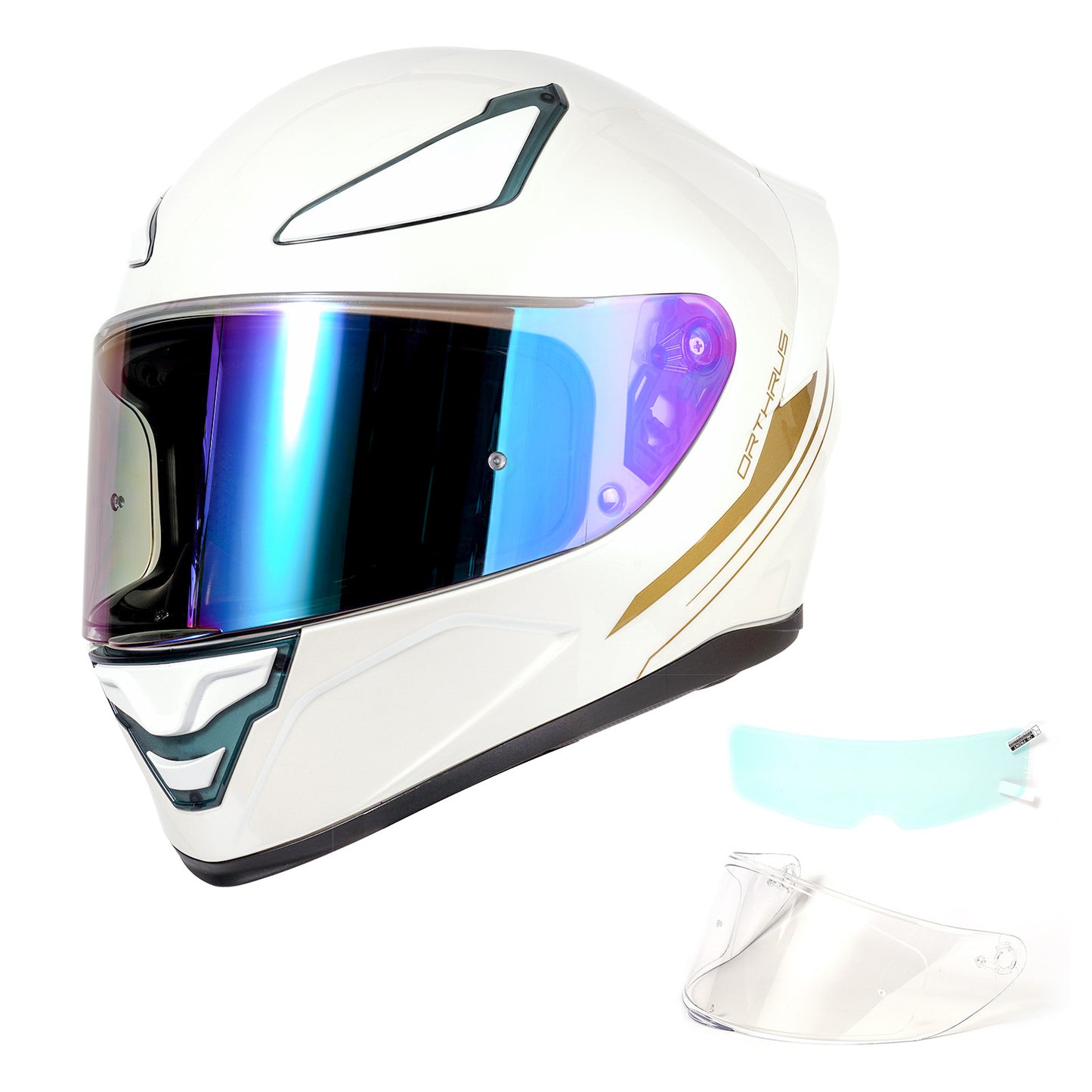 OTS Foxhound White Golden Full Face Motorcycle Helmet - ECE DOT Approved & Anti-Fog