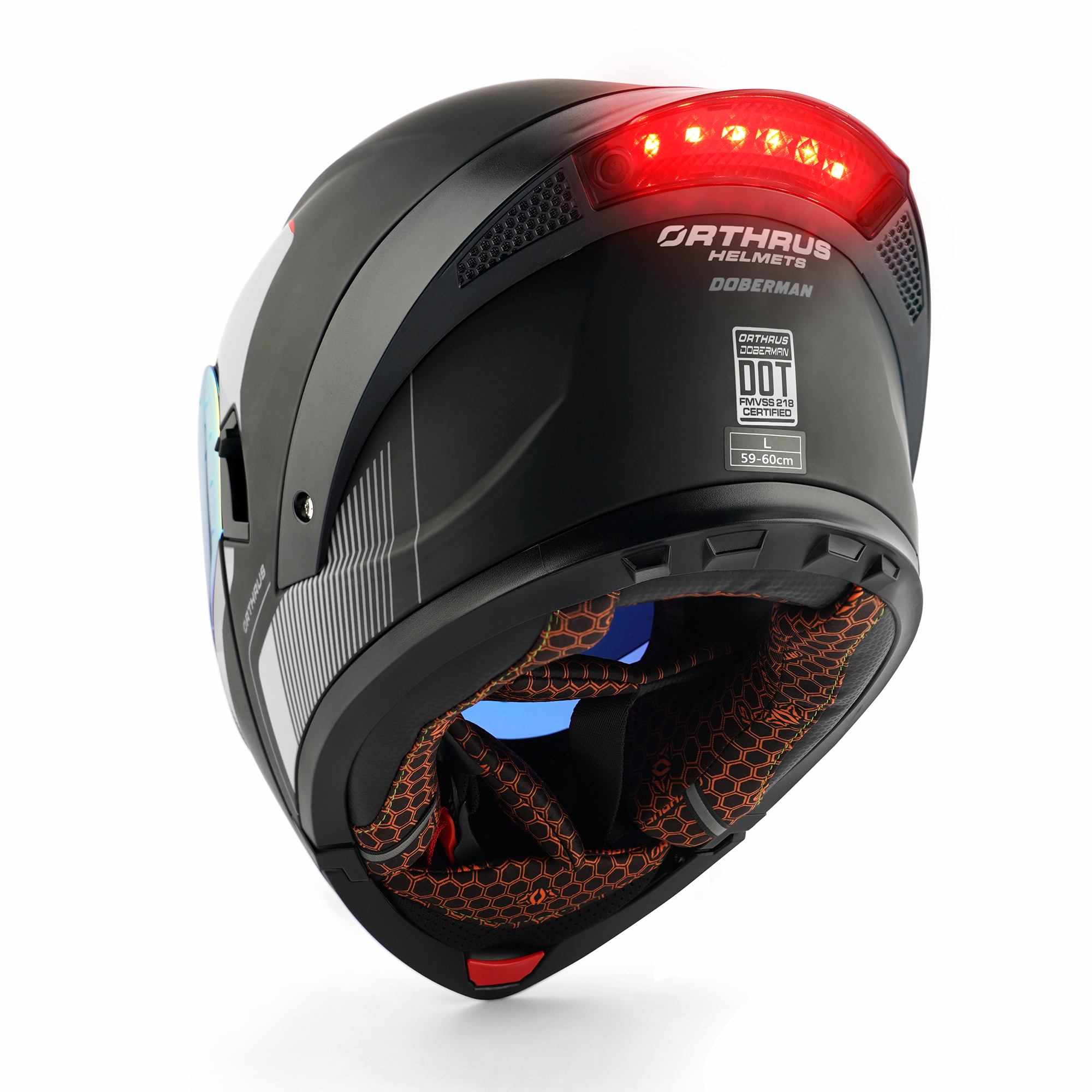 OTS Dobermann Matte Black Silver Dual Visor Modular Motorcycle Helmet with LED Spoiler - ECE & DOT Approved