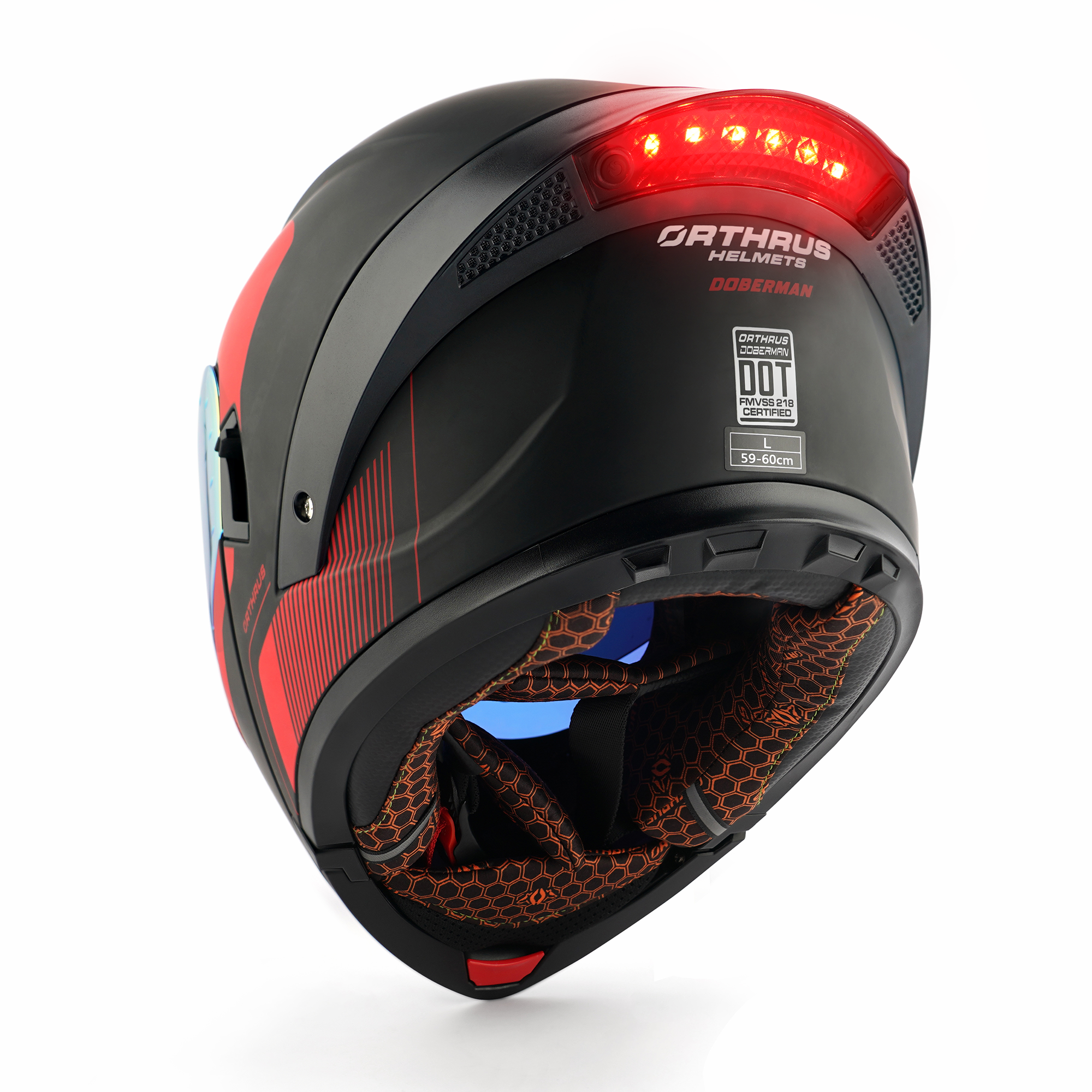 OTS Dobermann Matte Black Red Dual Visor Modular Motorcycle Helmet with LED Spoiler - ECE & DOT Approved