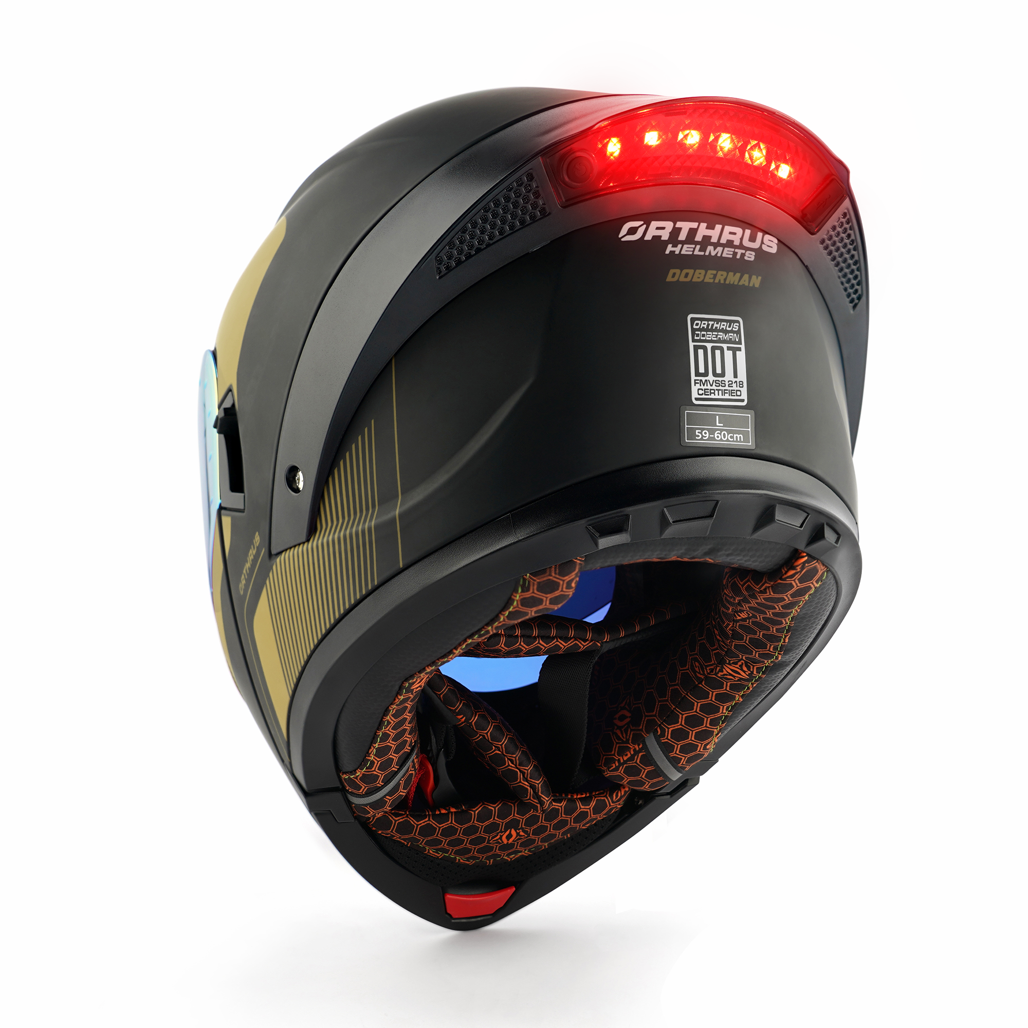 OTS Dobermann Matte Black Gold Dual Visor Modular Motorcycle Helmet with LED Spoiler - ECE & DOT Approved