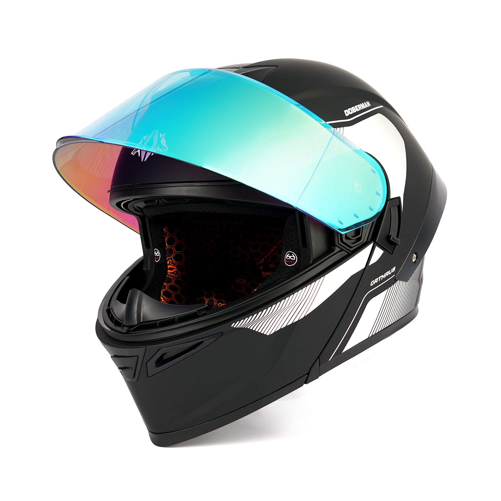 OTS Dobermann Matte Black Silver Dual Visor Modular Motorcycle Helmet with LED Spoiler - ECE & DOT Approved
