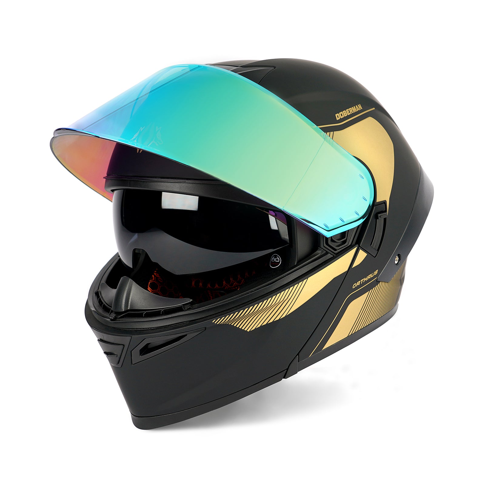 OTS Dobermann Matte Black Gold Dual Visor Modular Motorcycle Helmet with LED Spoiler - ECE & DOT Approved