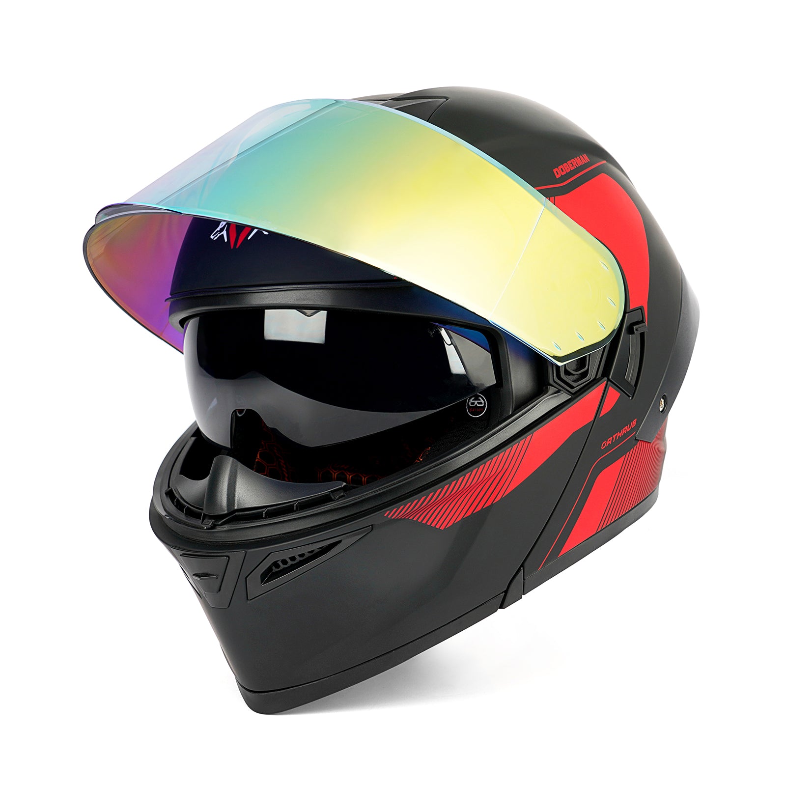 OTS Dobermann Matte Black Red Dual Visor Modular Motorcycle Helmet with LED Spoiler - ECE & DOT Approved