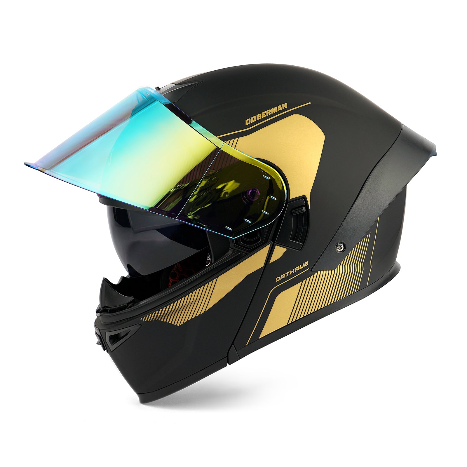 OTS Dobermann Matte Black Gold Dual Visor Modular Motorcycle Helmet with LED Spoiler - ECE & DOT Approved
