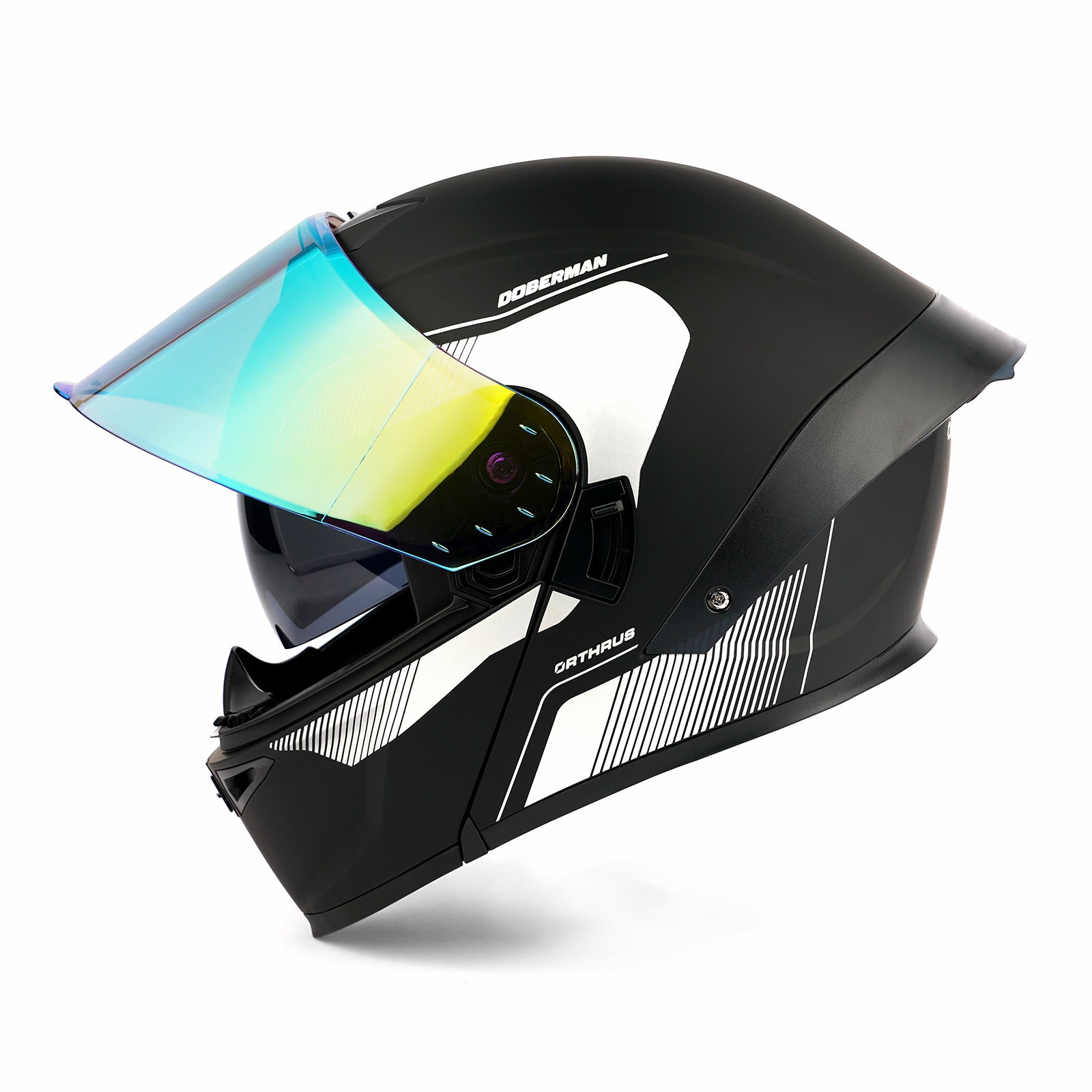 OTS Dobermann Matte Black Silver Dual Visor Modular Motorcycle Helmet with LED Spoiler - ECE & DOT Approved