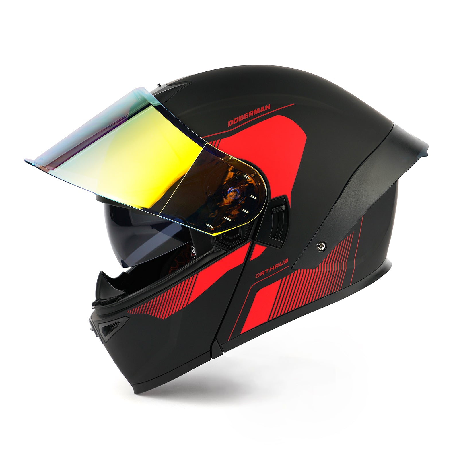 OTS Dobermann Matte Black Red Dual Visor Modular Motorcycle Helmet with LED Spoiler - ECE & DOT Approved