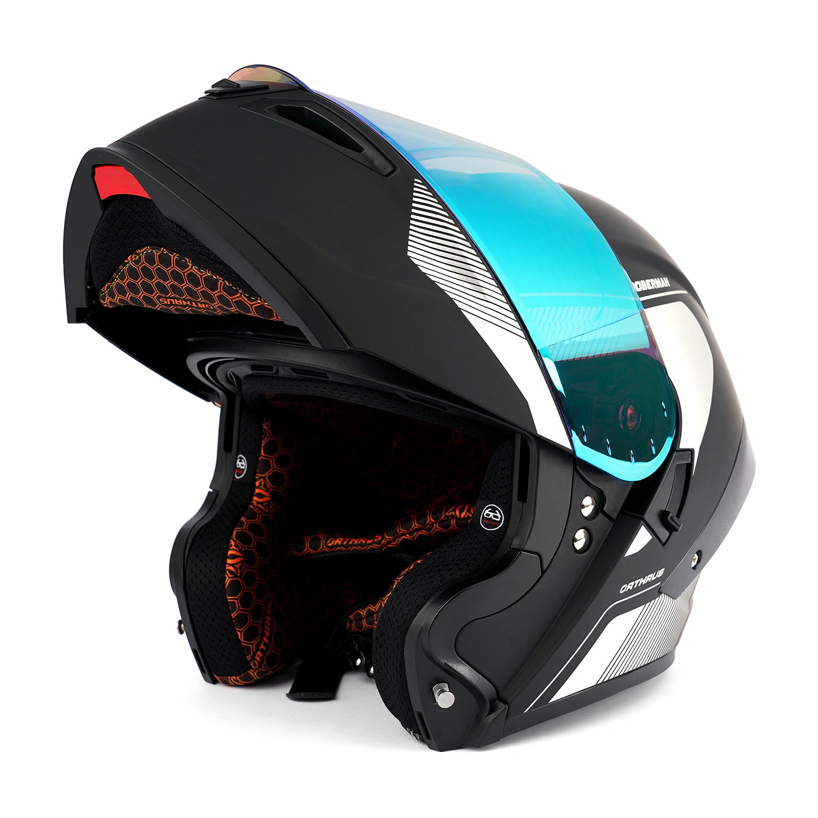 OTS Dobermann Matte Black Silver Dual Visor Modular Motorcycle Helmet with LED Spoiler - ECE & DOT Approved