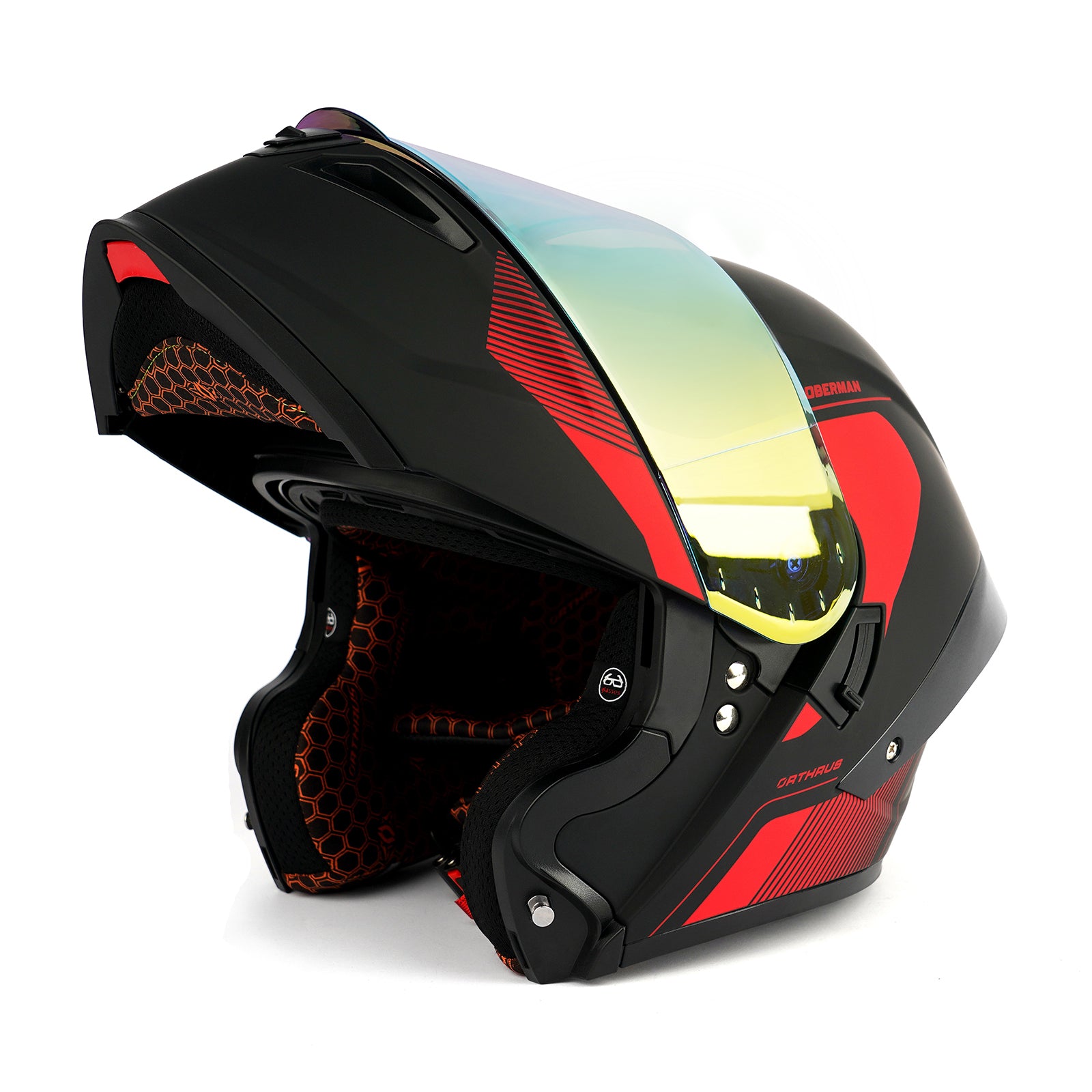 OTS Dobermann Matte Black Red Dual Visor Modular Motorcycle Helmet with LED Spoiler - ECE & DOT Approved
