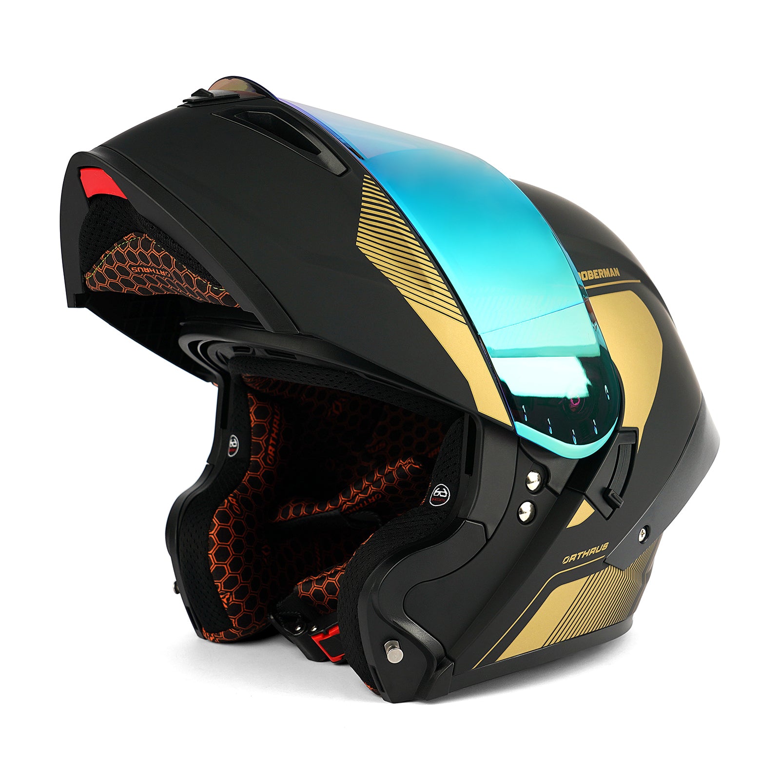 OTS Dobermann Matte Black Gold Dual Visor Modular Motorcycle Helmet with LED Spoiler - ECE & DOT Approved