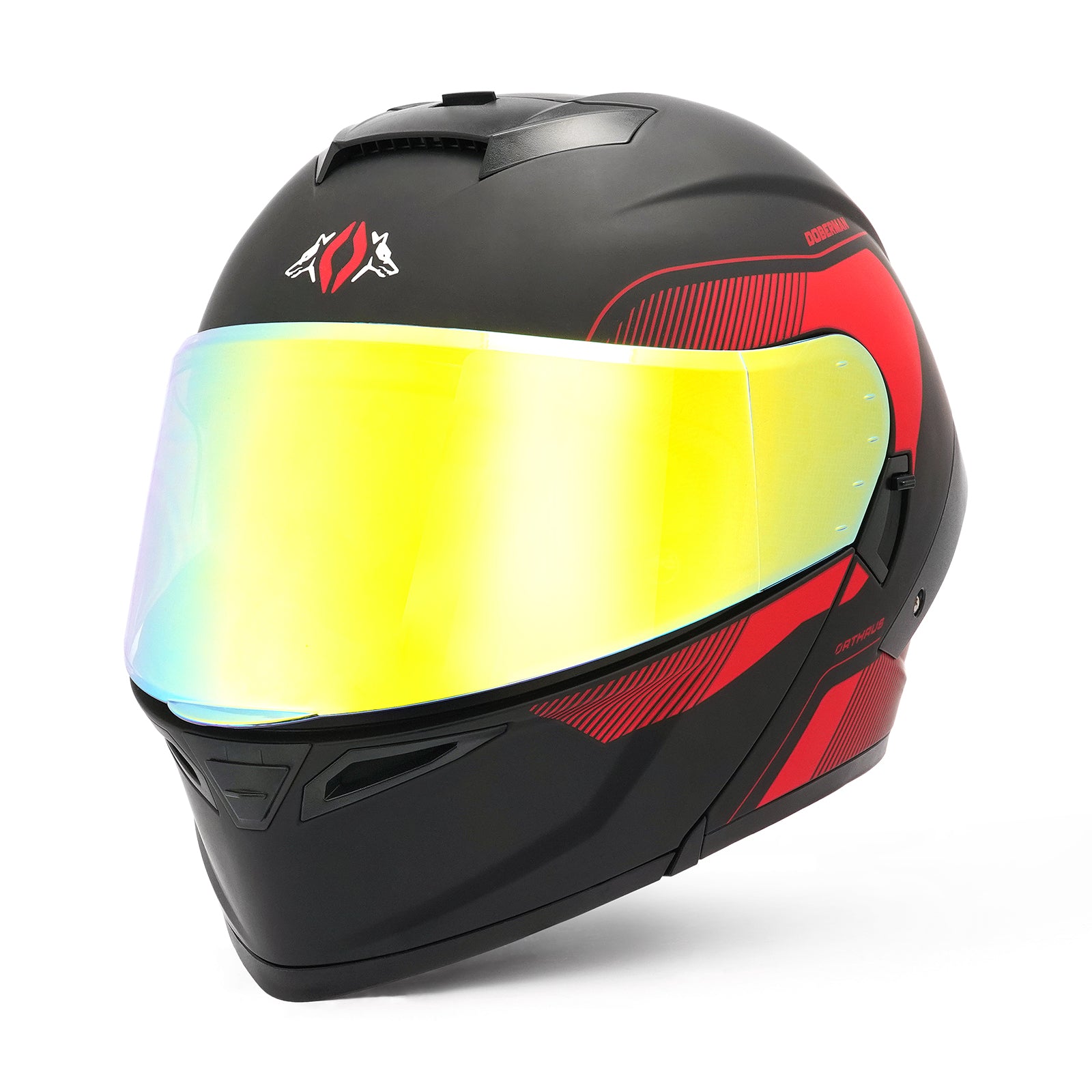 OTS Dobermann Matte Black Red Dual Visor Modular Motorcycle Helmet with LED Spoiler - ECE & DOT Approved