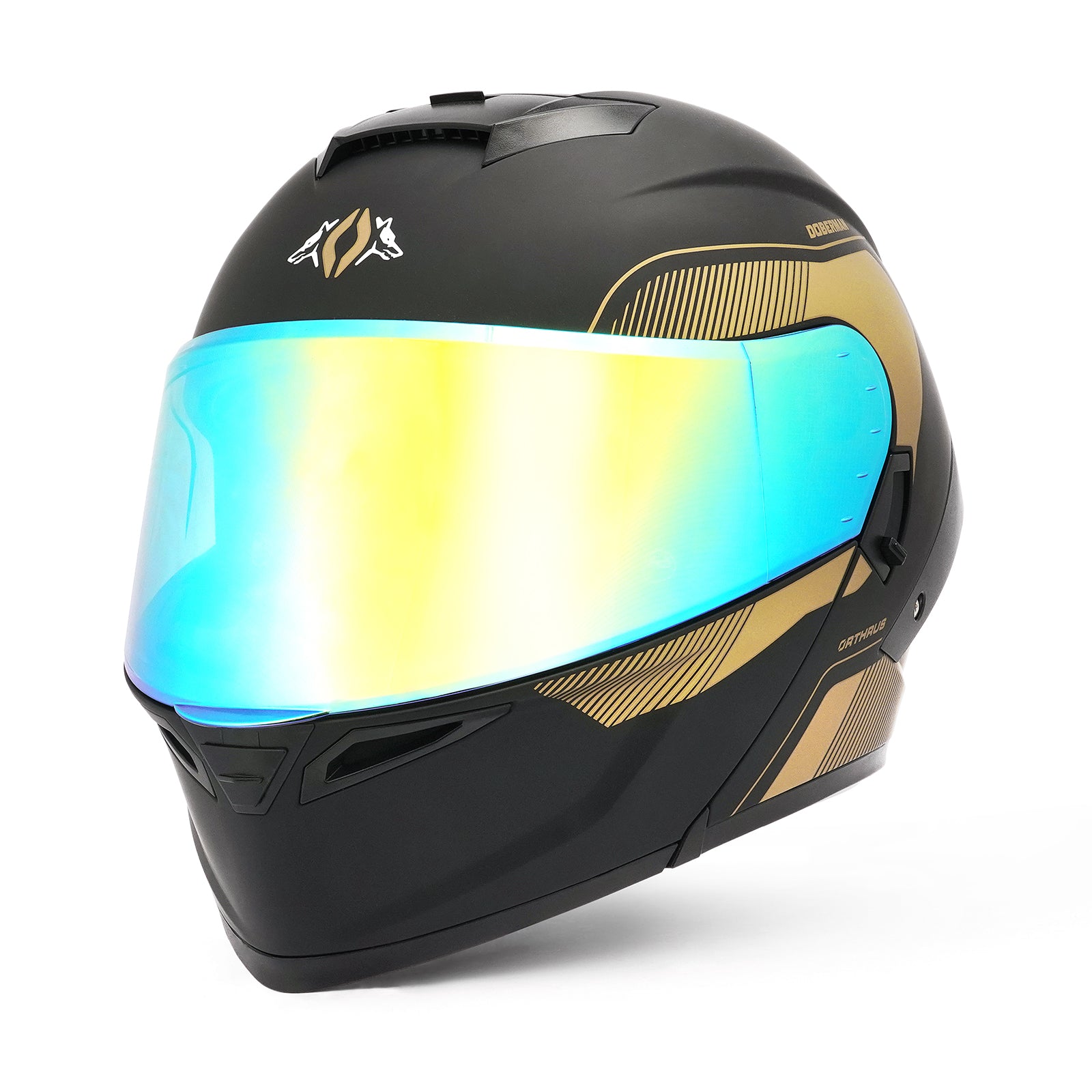 OTS Dobermann Matte Black Gold Dual Visor Modular Motorcycle Helmet with LED Spoiler - ECE & DOT Approved