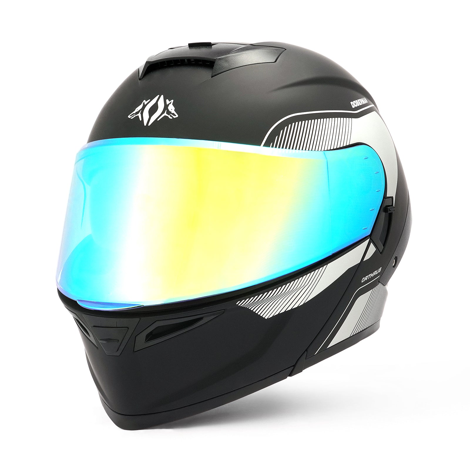 OTS Dobermann Matte Black Silver Dual Visor Modular Motorcycle Helmet with LED Spoiler - ECE & DOT Approved