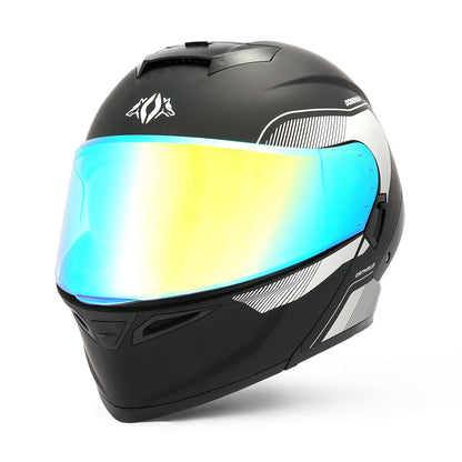 Dobermann Matte Black Silver Dual Visor Modular Motorcycle Helmet with LED Spoiler - ECE & DOT Approved