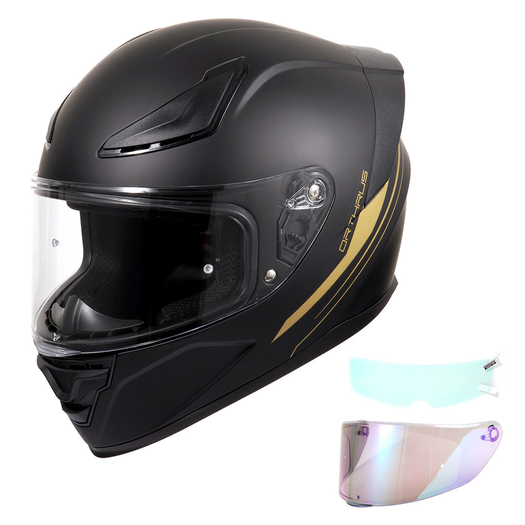 Motorcycle Helmets Full Face Dot Approved Certified Biker Helmet Orthrus Foxhound Matte Black Gold