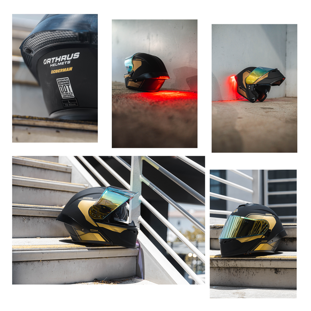 Motorcycle Helmets Modular Dot Approved Certified Biker Helmet With LED Spoiler Orthrus Dobermann Matte Black Gold