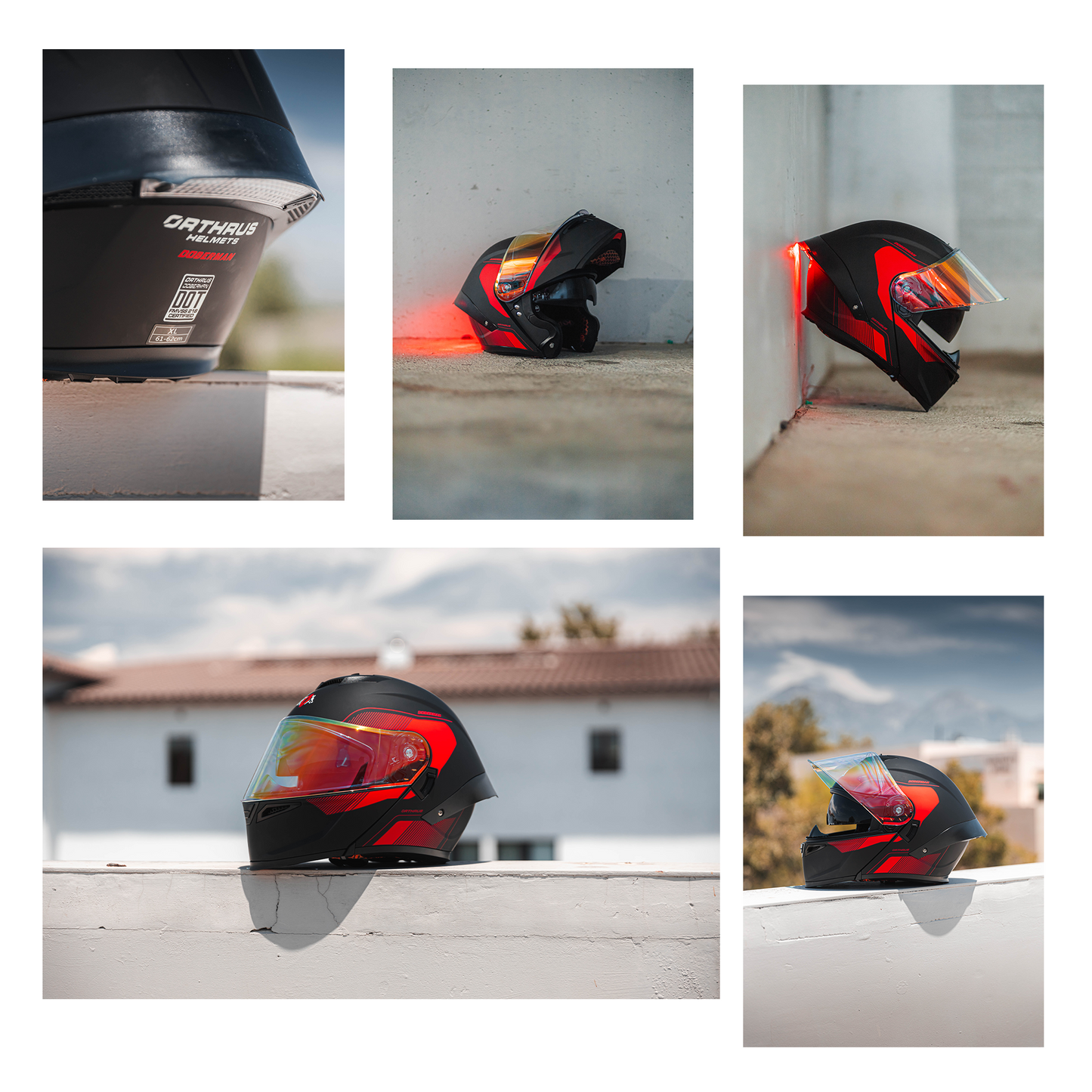 Dobermann Matte Black Red Dual Visor Modular Motorcycle Helmet with LED Spoiler - ECE & DOT Approved