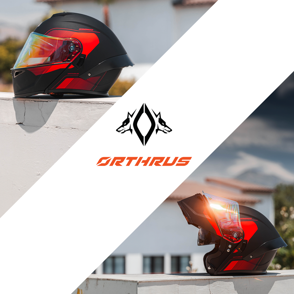 Motorcycle Helmets Modular Dot Approved Certified Biker Helmet With LED Spoiler Orthrus Dobermann Matte Black Red