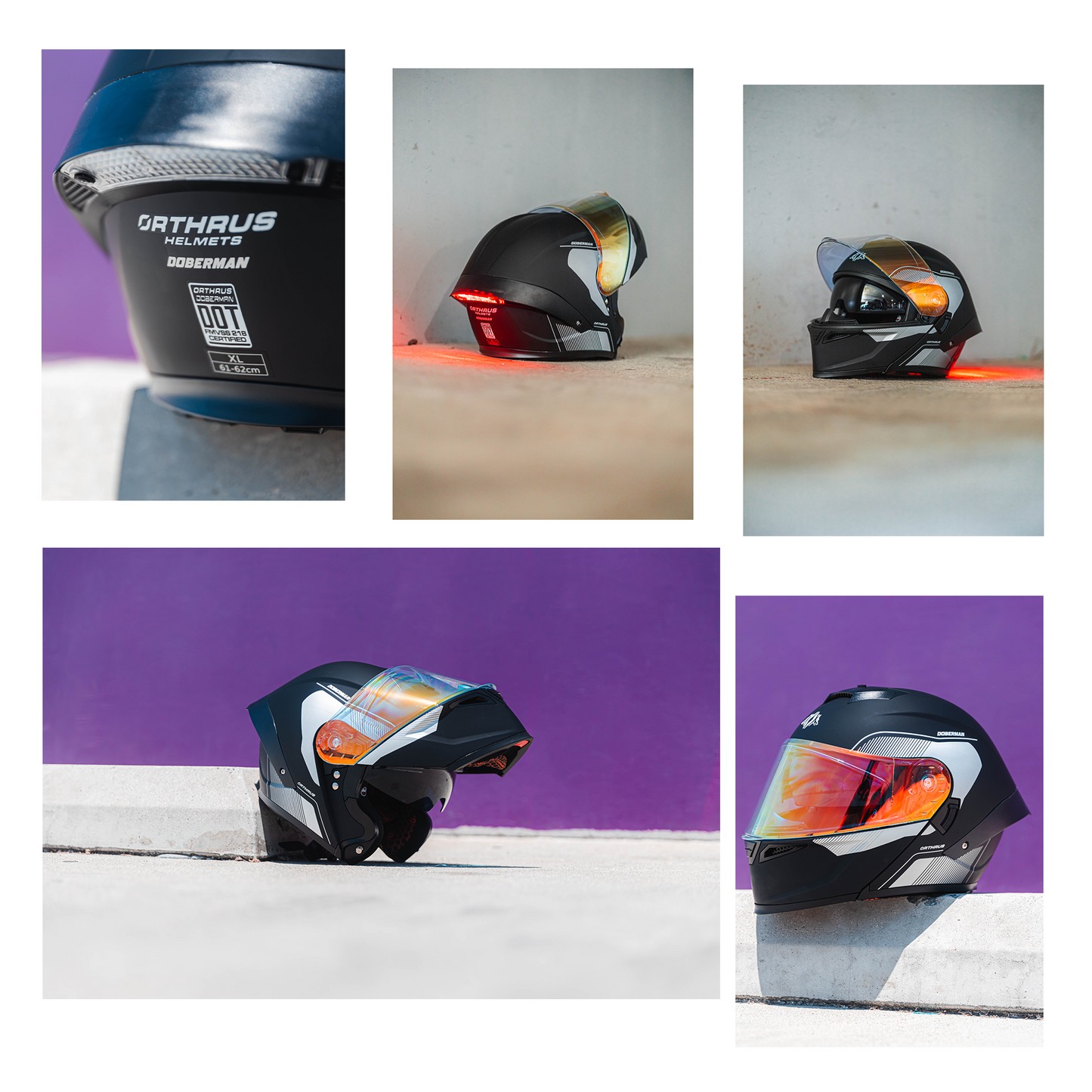 Dobermann Matte Black Silver Dual Visor Modular Motorcycle Helmet with LED Spoiler - ECE & DOT Approved