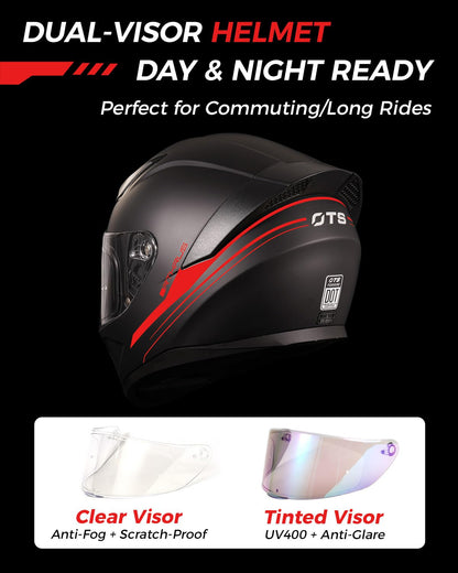 Foxhound Matte Black Red Full Face Motorcycle Helmet - ECE DOT Approved & Anti-Fog