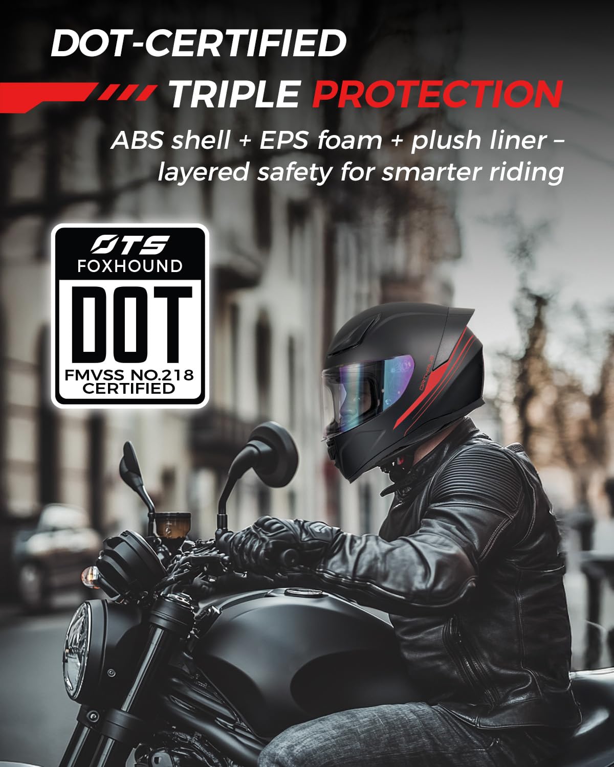 Foxhound Matte Black Red Full Face Motorcycle Helmet - ECE DOT Approved & Anti-Fog