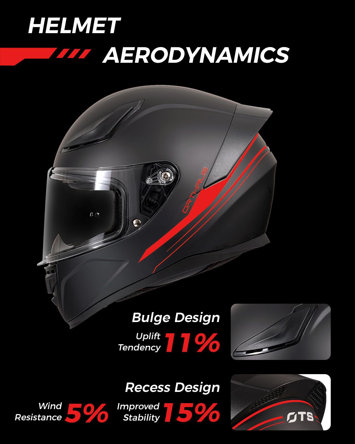 Foxhound Matte Black Red Full Face Motorcycle Helmet - ECE DOT Approved & Anti-Fog