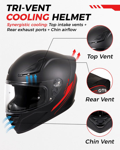 Foxhound Matte Black Red Full Face Motorcycle Helmet - ECE DOT Approved & Anti-Fog