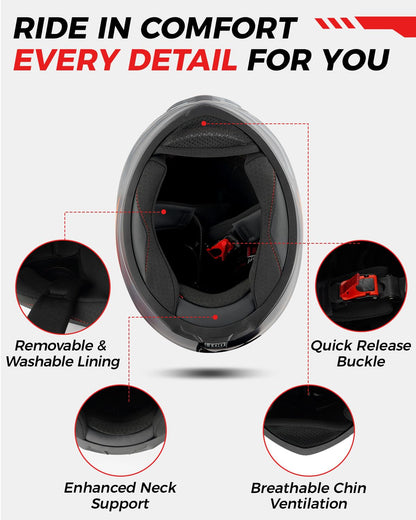 Foxhound Matte Black Red Full Face Motorcycle Helmet - ECE DOT Approved & Anti-Fog